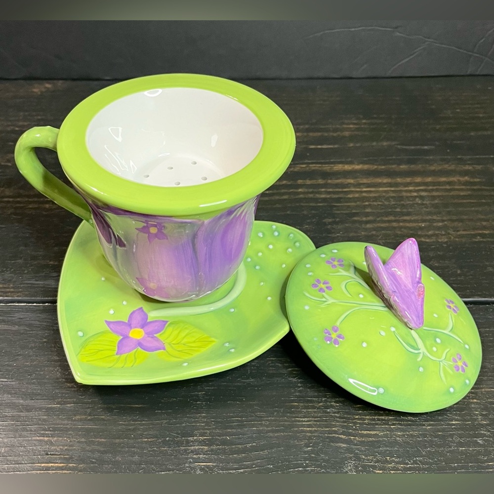 Very Rare Suzanne Somers Violet  Ceramic 4pc Tea Cup Set Hand Painted Signed EUC